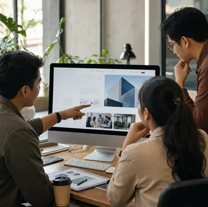 Tim meninjau desain dan konten website company profile di layar desktop