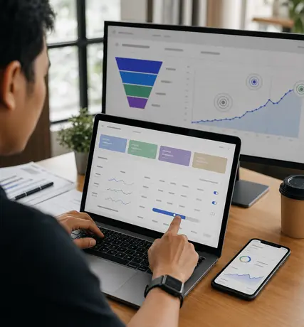 Proses pemantauan funnel, anggaran, dan hasil kampanye Google Ads