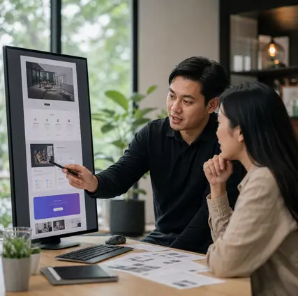 Tim meninjau desain landing page responsif di layar desktop