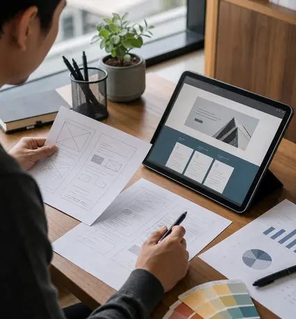 Desainer menyusun wireframe dan elemen visual landing page bisnis
