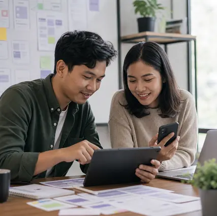 Developer meninjau tampilan dan fungsi aplikasi mobile di beberapa perangkat