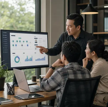 Tim meninjau dashboard data dan fitur sistem bisnis berbasis web