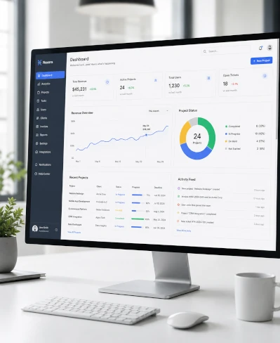 Dashboard sistem bisnis berbasis web di layar desktop