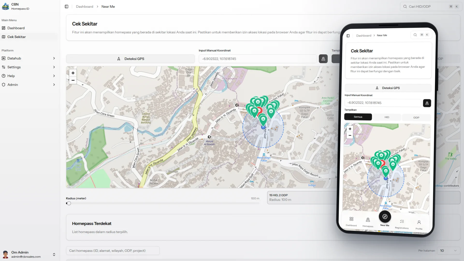 Aplikasi mobile CBN Homepass ID menampilkan HID dan ODP terdekat berdasarkan lokasi