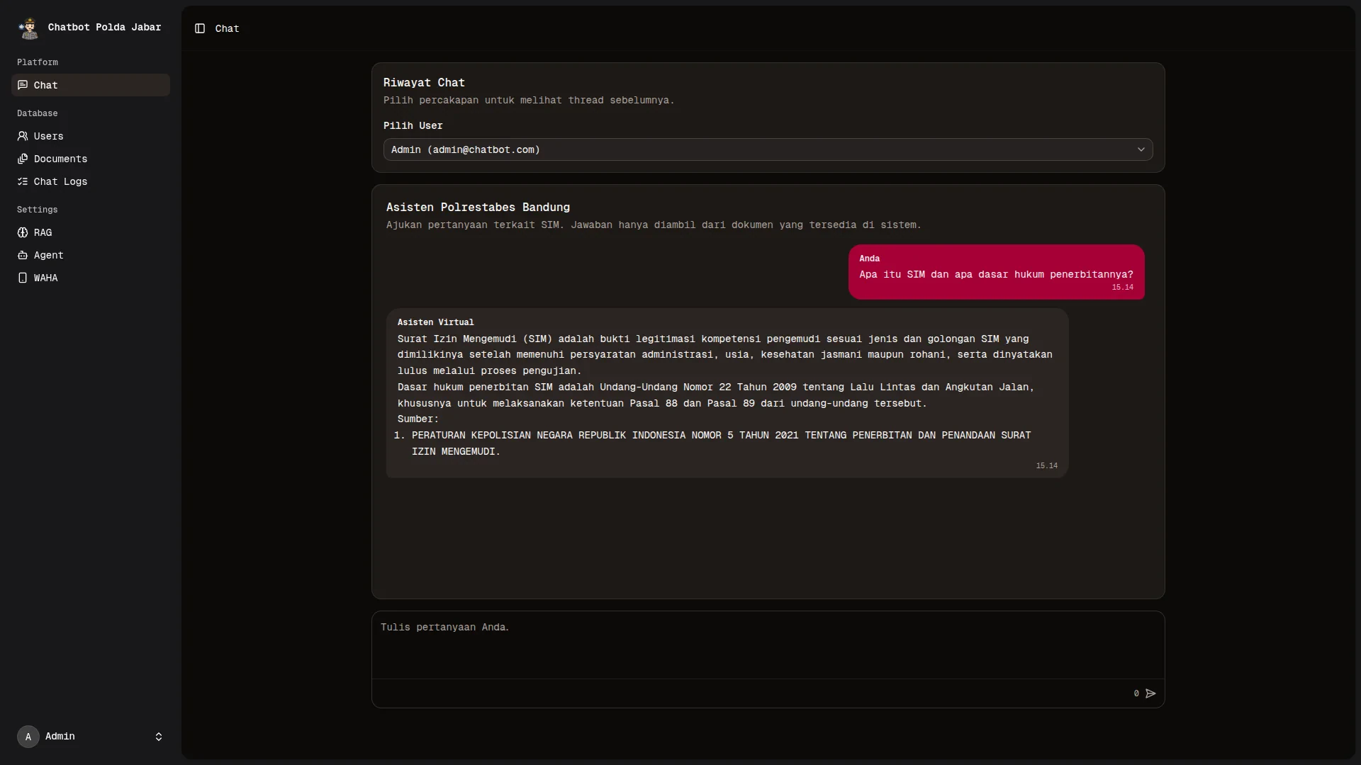 Chatbot RAG Ditreskrimum Polda Jabar dalam dark mode dengan jawaban dan sitasi sumber