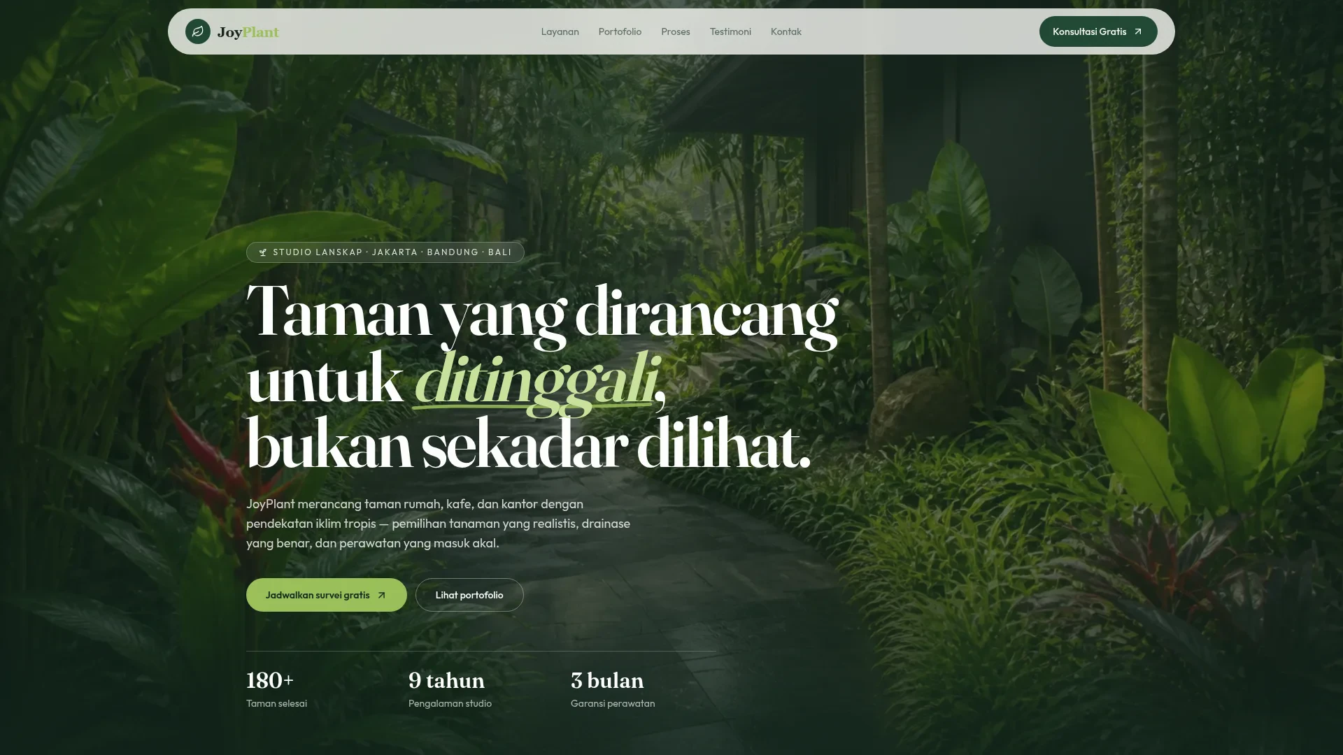 Landing page JoyPlant untuk jasa desain taman dan lanskap tropis