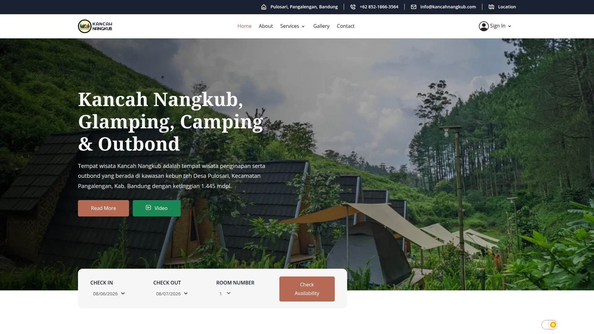 Homepage Kancah Nangkub dengan form pengecekan ketersediaan booking