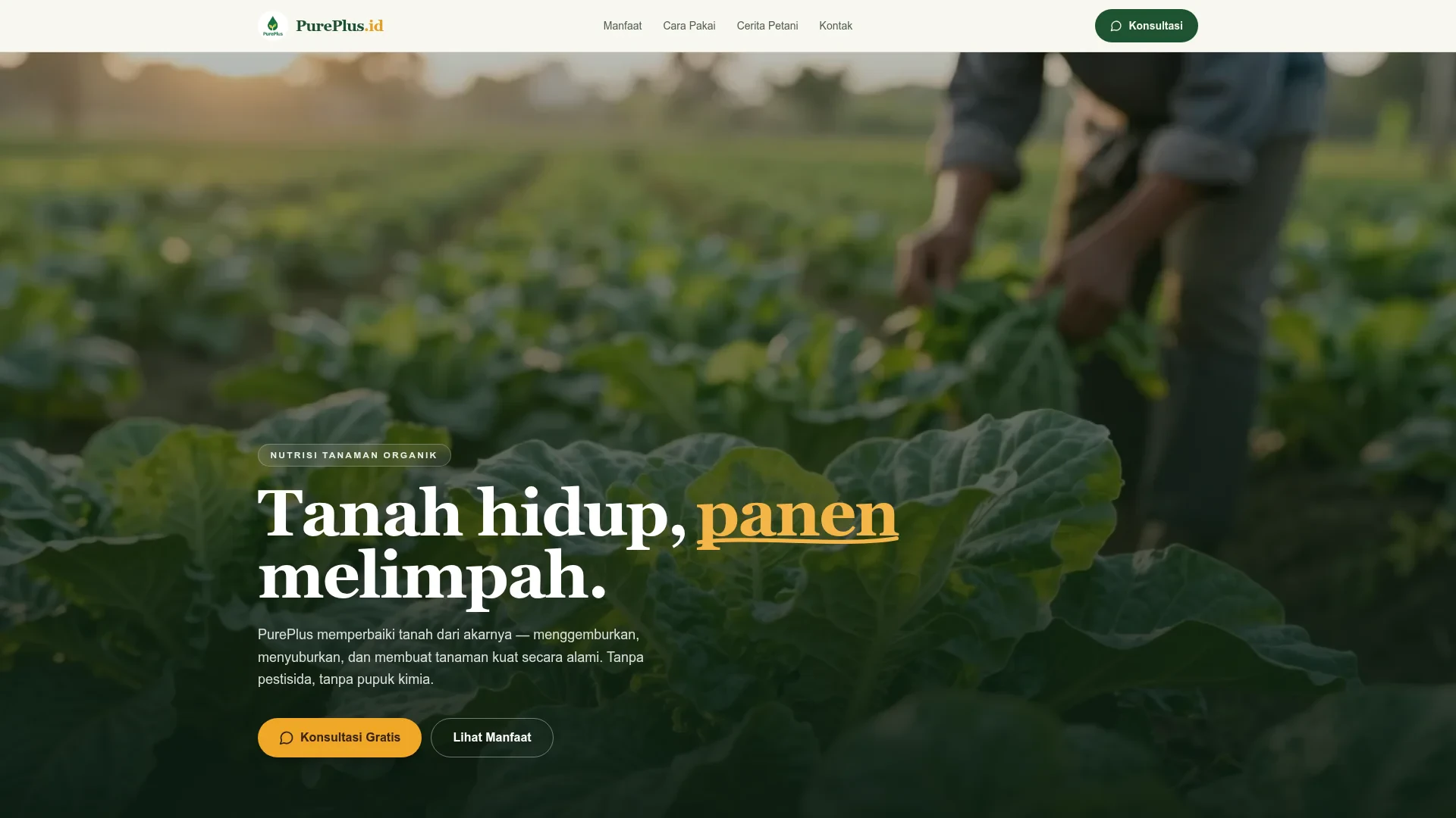 Landing page PurePlus untuk nutrisi tanaman organik