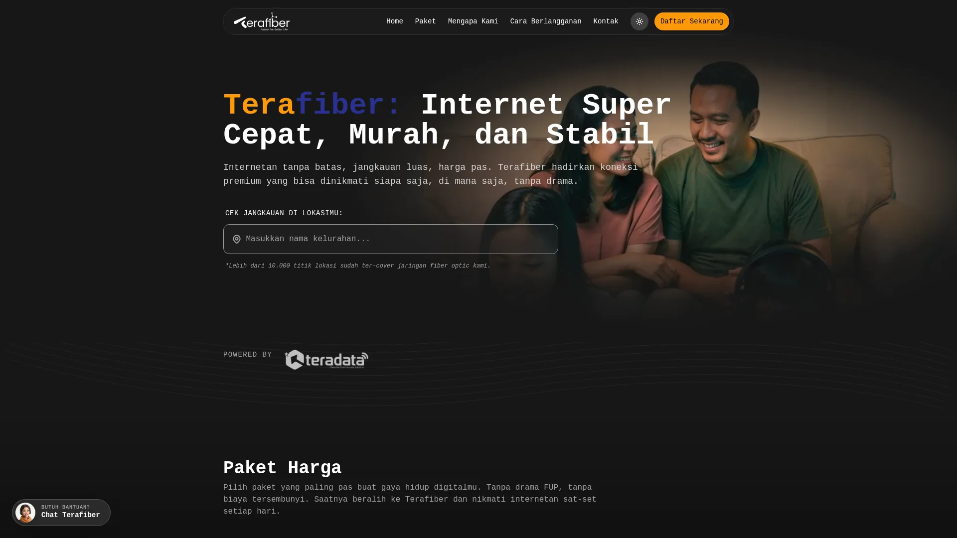 Homepage Terafiber dengan fitur pengecekan coverage area